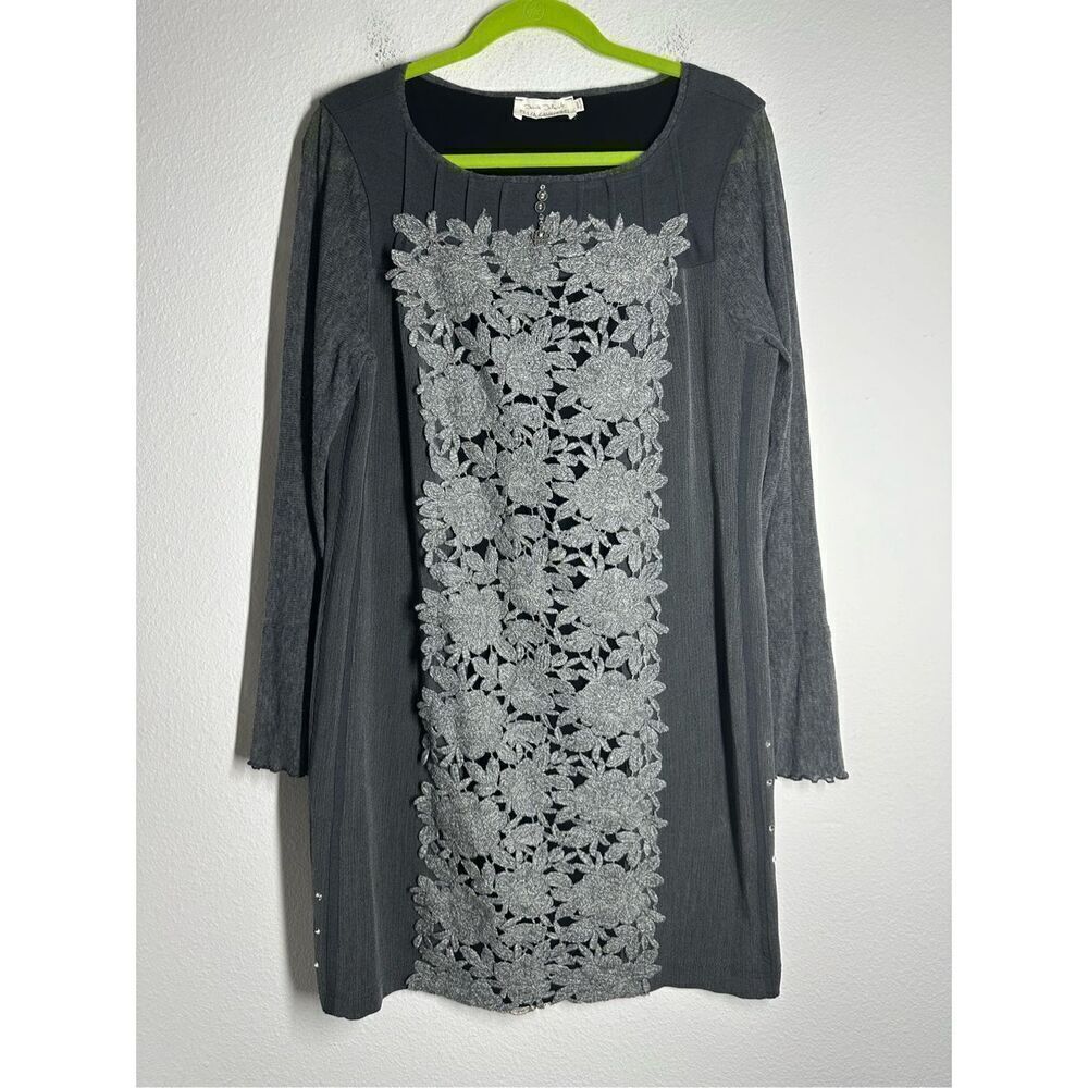Elisa Cavaletti Bohemian Long Sleeve Women's Dress Size  XL Lace Trim Gray